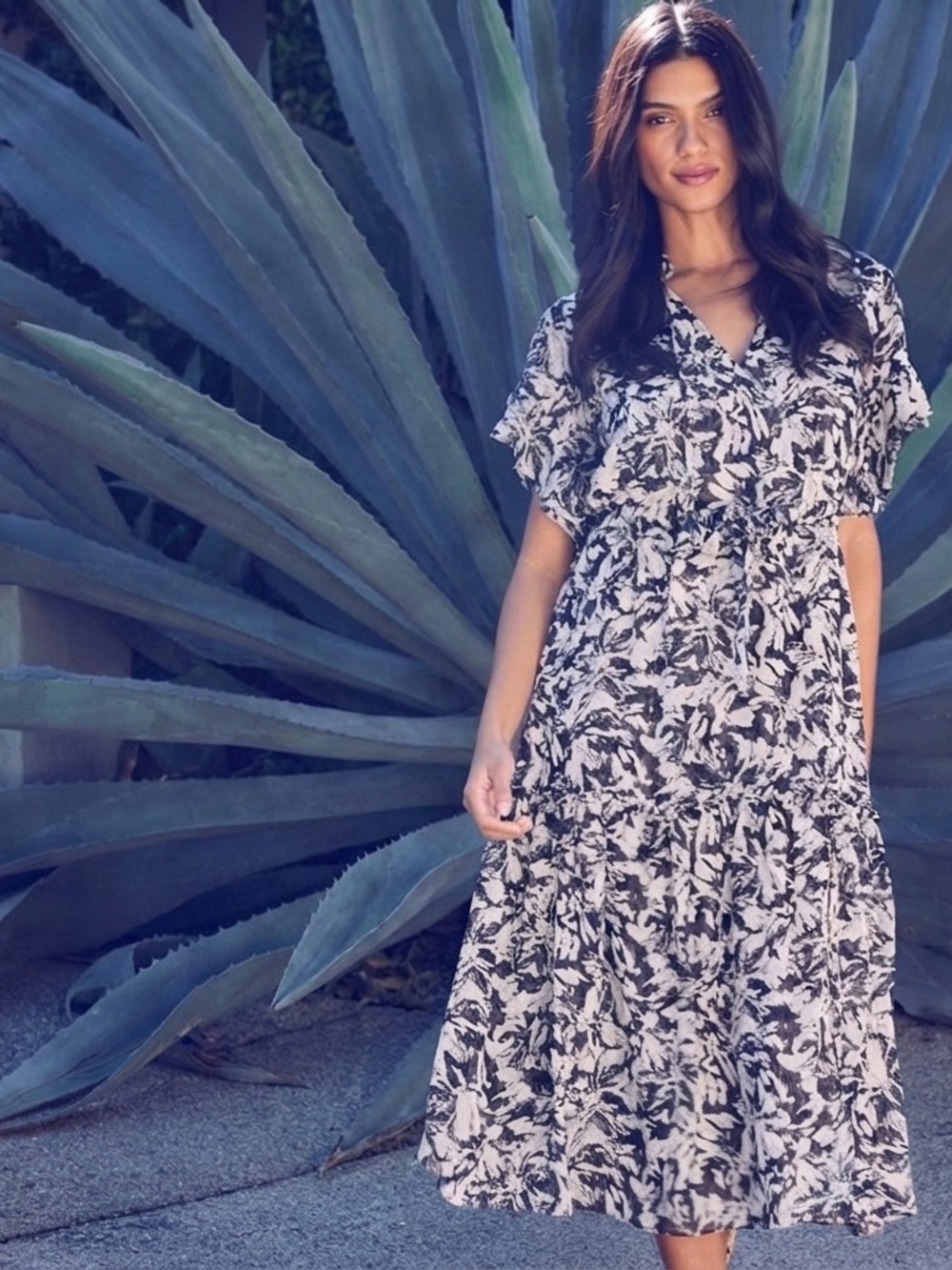 MISA Los Angeles Black White Floral Metallic Ruffle Tiered Midi Dress XS